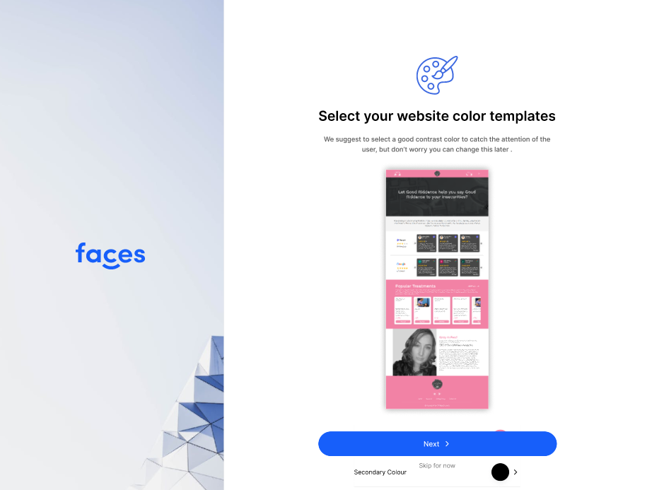 Choose a website template and colours with Faces' website builder.