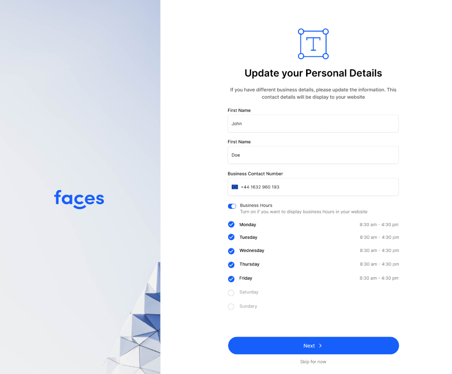 Update personal and business details with Faces' website builder.