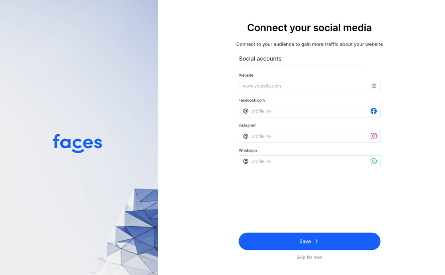 Connect your social media accounts with Faces' website builder.