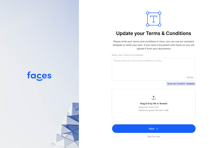 Create or upload terms and conditions for your website with Faces' website builder.