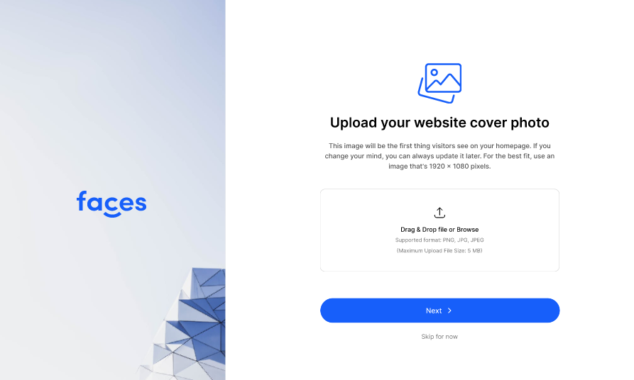 Uploading your website cover photo with Faces' website builder.