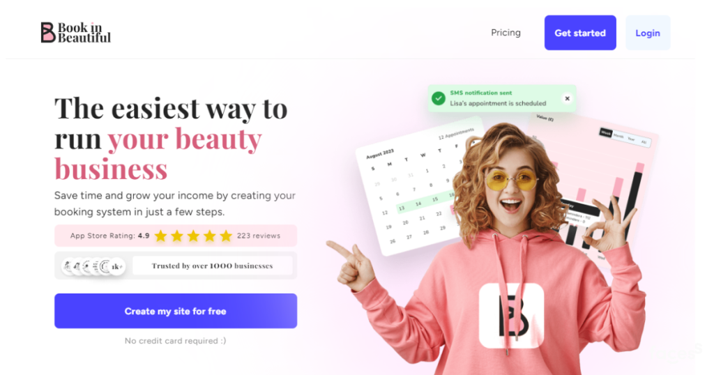 Book in Beautiful website page. Explore a detailed comparison of Faces and Book In Beautiful to find the best website builder for beauty pros. Ideal features and user-friendly designs discussed.