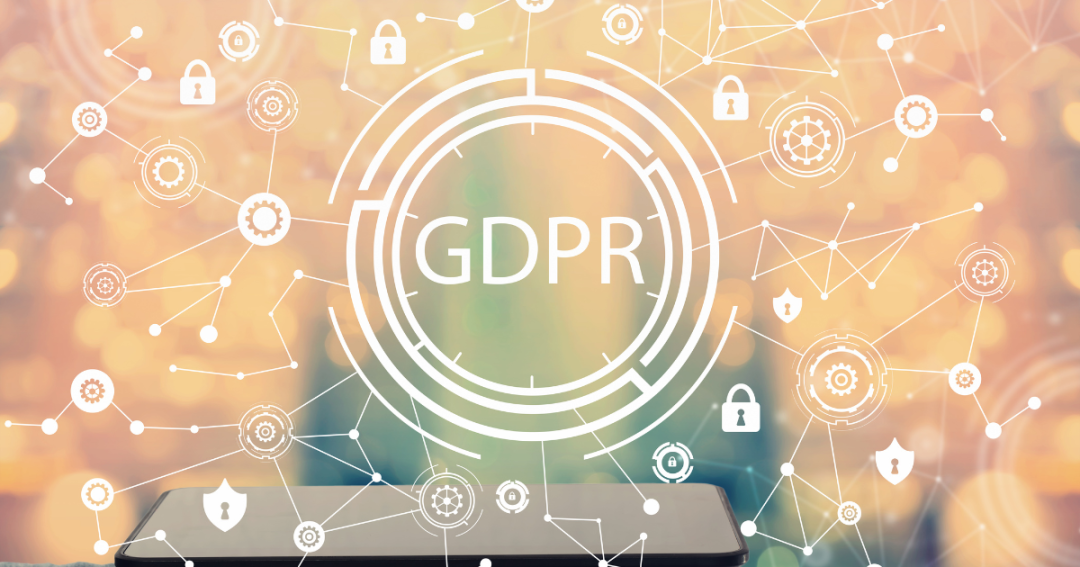 Illustration representing GDPR compliance, showing a shield with the EU flag surrounded by icons of locks, documents, and data security symbols.