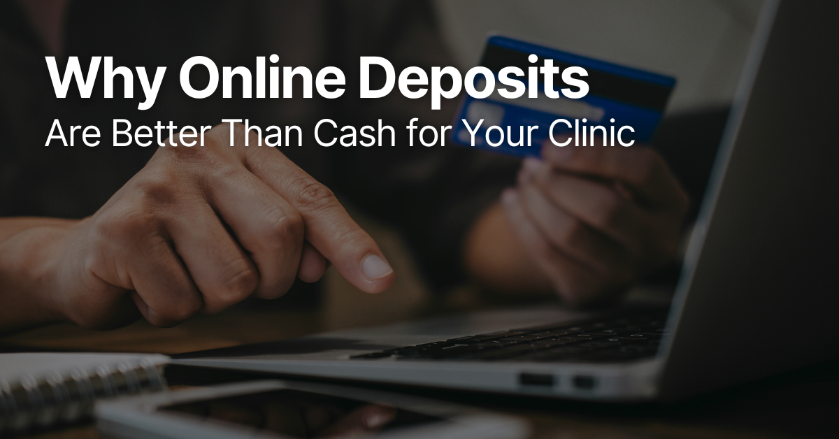 Cosmetic clinic customer using a laptop to pay an appointment deposit online, ensuring booking confirmation.