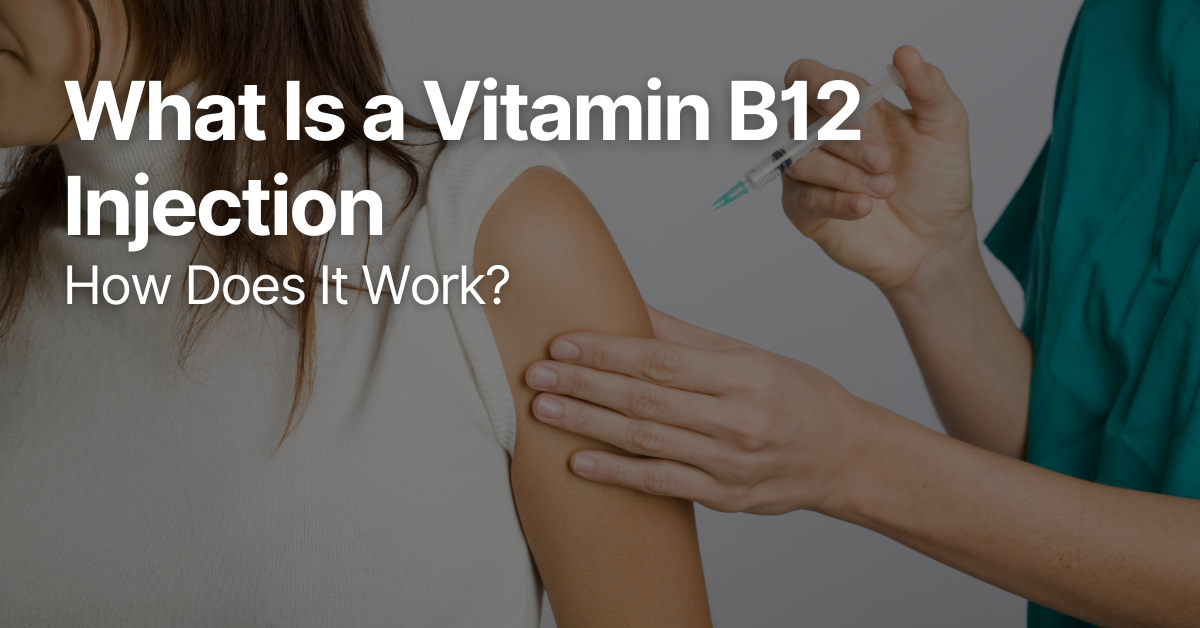 A client receiving a vitamin B12 injection in the upper arm from a healthcare professional.