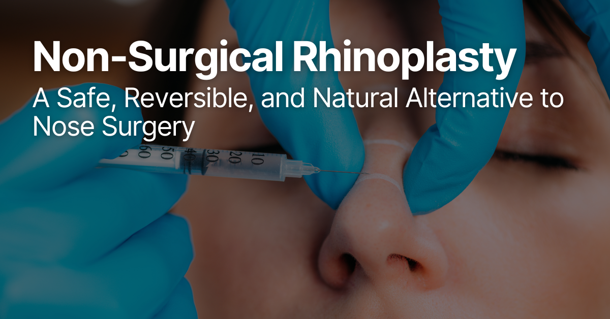 A woman receiving a nonsurgical rhinoplasty treatment with dermal filler injections to reshape her nose.