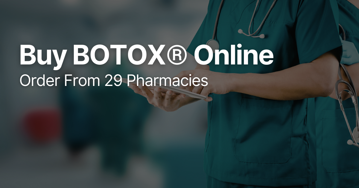 Medical aesthetic practitioners in a clinic with text overlay: “Buy BOTOX® Online | Order From 29 Pharmacies.”