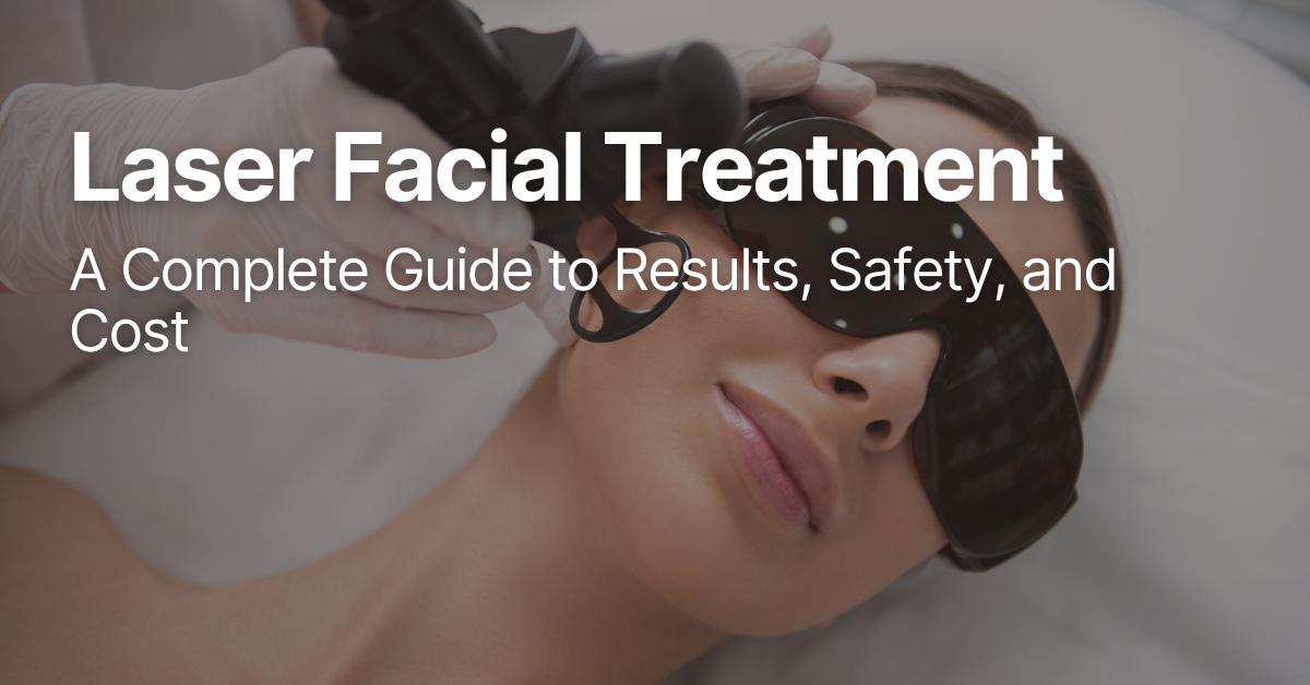 A client lying on a treatment bed wearing protective eyewear while a dermatologist performs a laser facial treatment with a handheld device on their cheek.