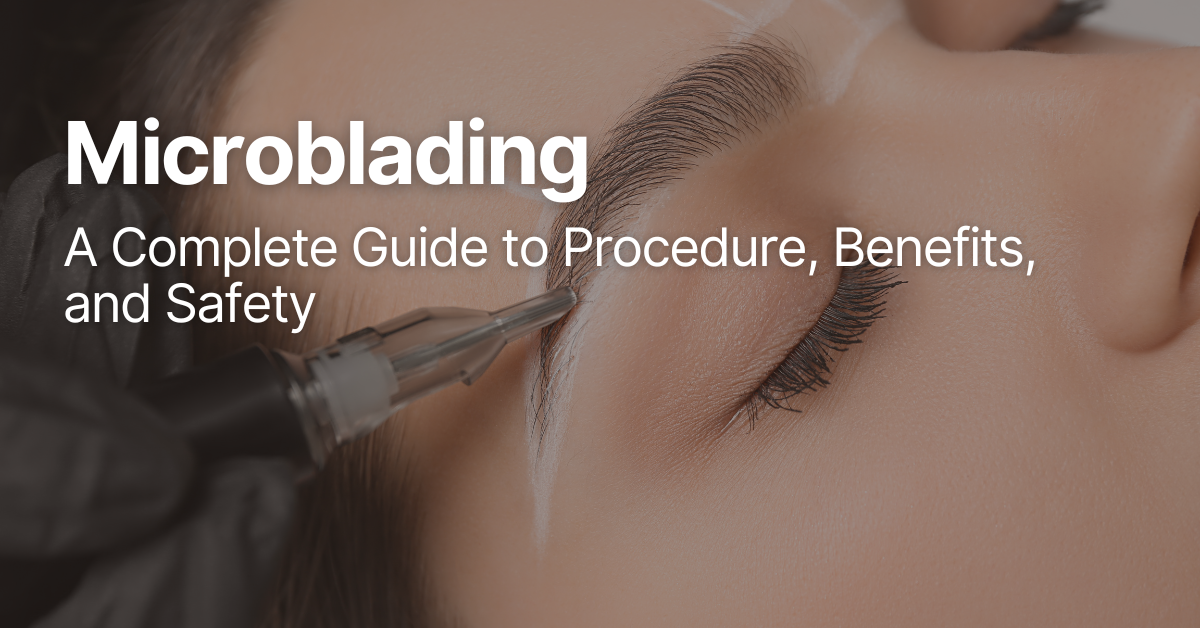 A woman lying on a treatment bed while a beauty technician carefully performs microblading on her eyebrows using a precision tool.