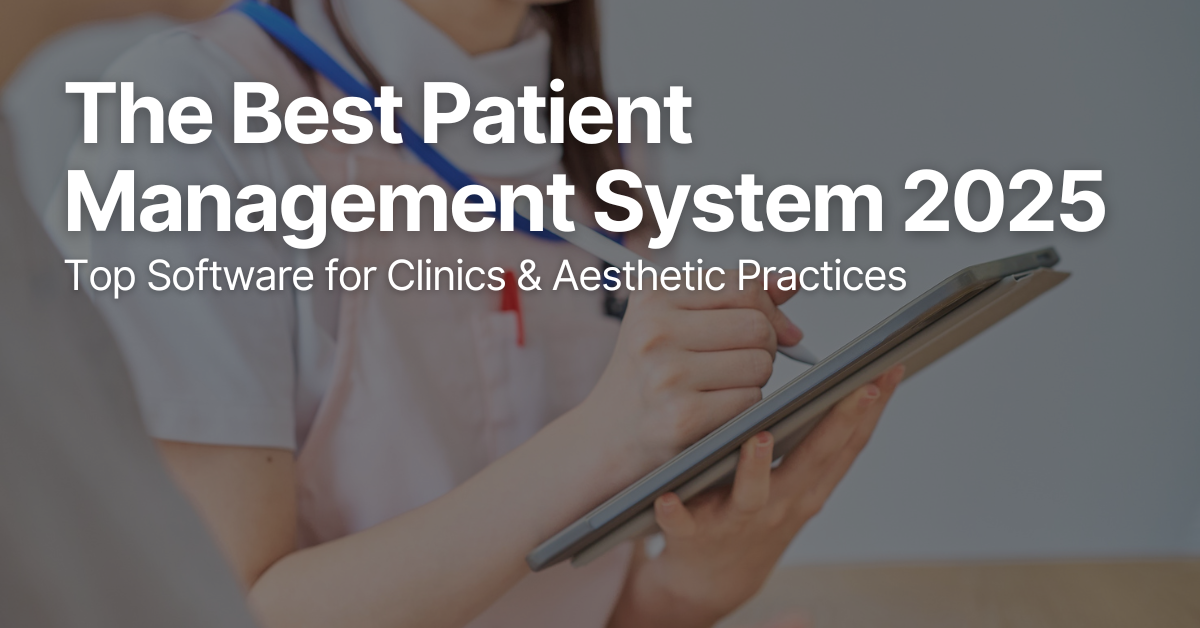 Aesthetic clinic nurse using patient management software on a tablet to track treatments and client information.