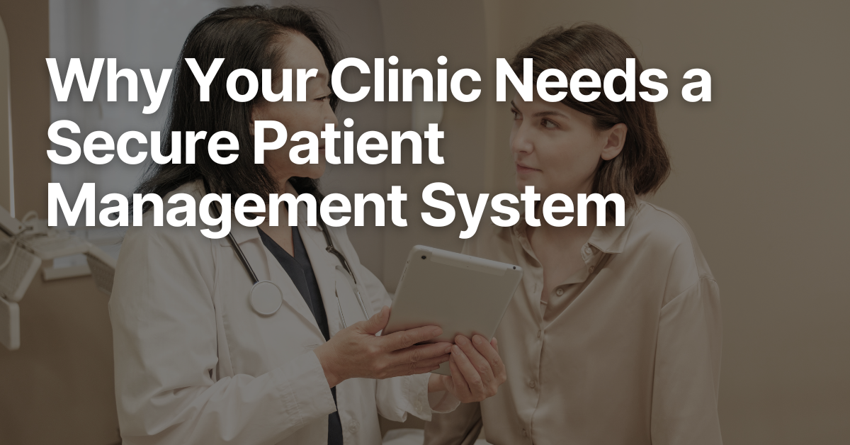 Healthcare professional accessing encrypted patient records through a secure patient management system in a modern clinic.