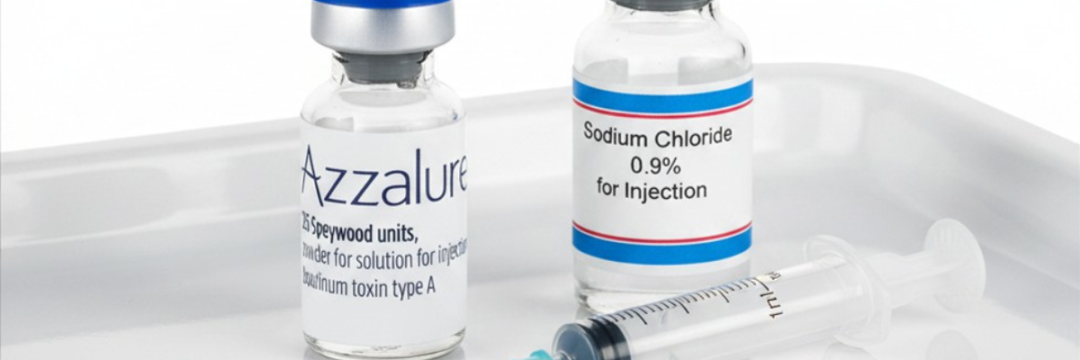 Azzalure 125 Speywood unit vial next to a graduated syringe prepared for reconstitution with 0.9% sodium chloride.