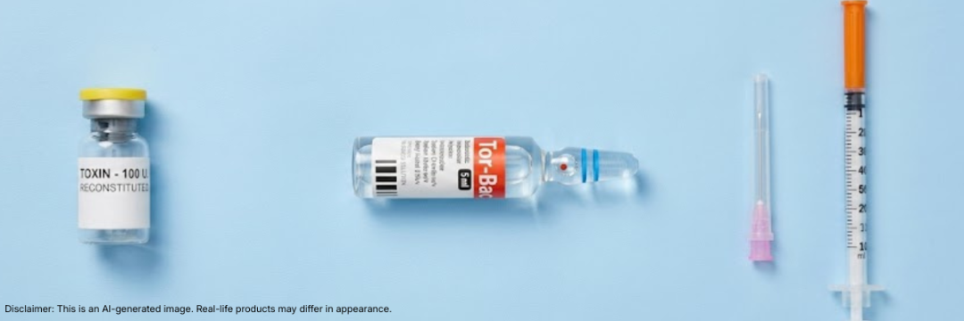 Botulinum toxin vial beside a 5ml bacteriostatic saline ampoule and syringe on a clinic tray.