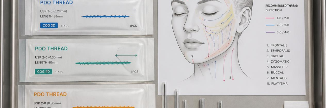 PDO Threads and the New UK Rules 1 Sterile PDO threads, cannulas and a facial anatomy map laid out for a thread lift procedure.