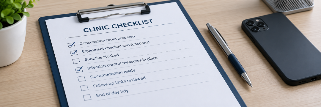 Alt text: Printed pre-finance checklist on a clipboard at an aesthetic clinic reception