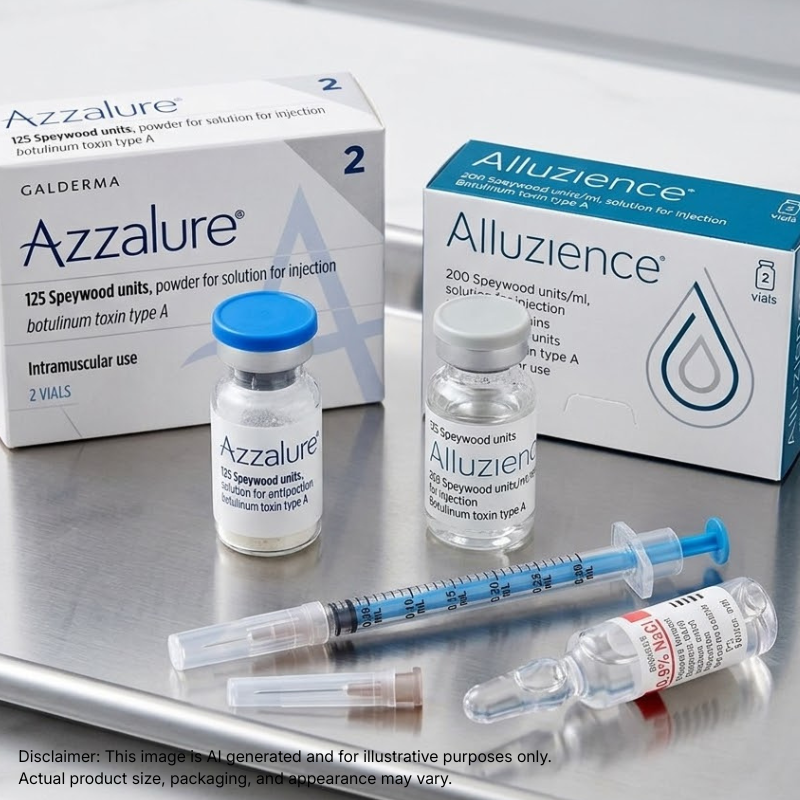 Azzalure powder vial and Alluzience liquid vial side by side with a graduated syringe and saline on a clinical tray.