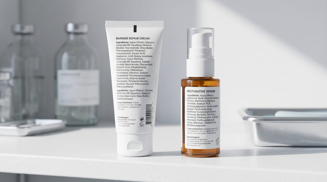 comparing a barrier repair cream and a calming serum ingredient list for sensitive post-treatment skin