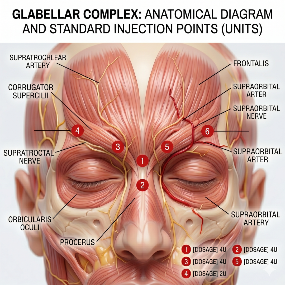 Diagram showing the five glabellar Azzalure injection points across the corrugator and procerus muscles at 10 Speywood units each.