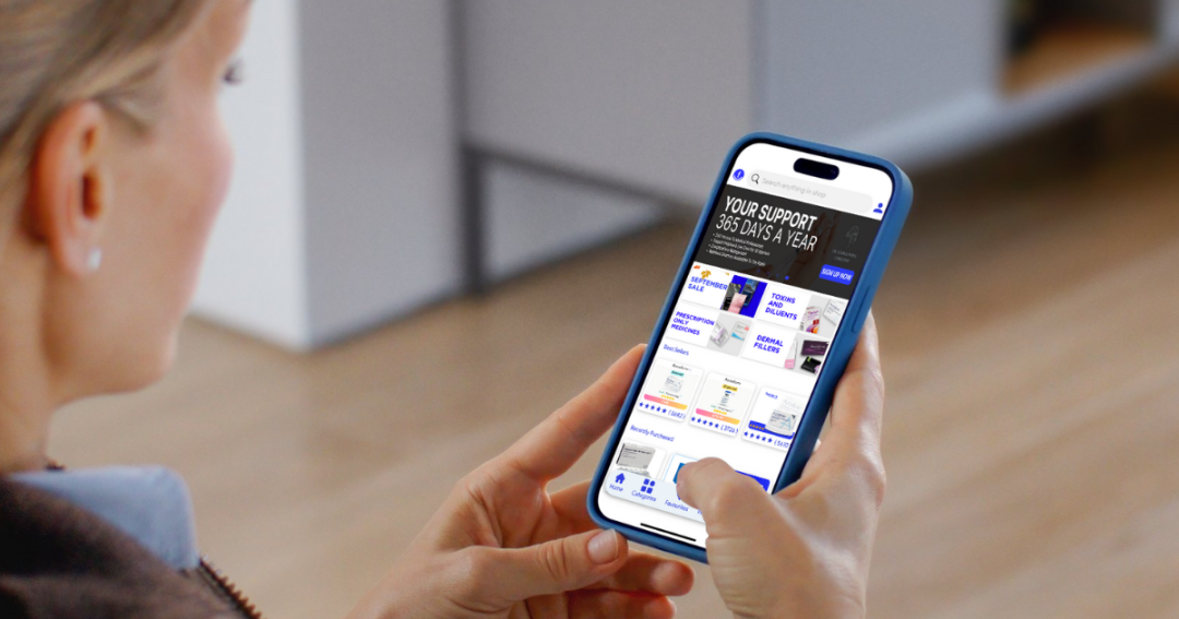 A practitioner purchasing dermal fillers through the Faces app shop on a smartphone.