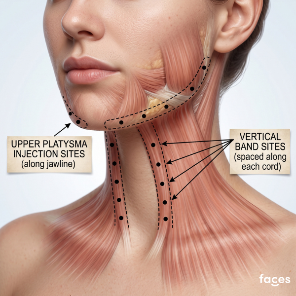 Injection site distribution for platysma treatment showing upper platysma and vertical band placement.