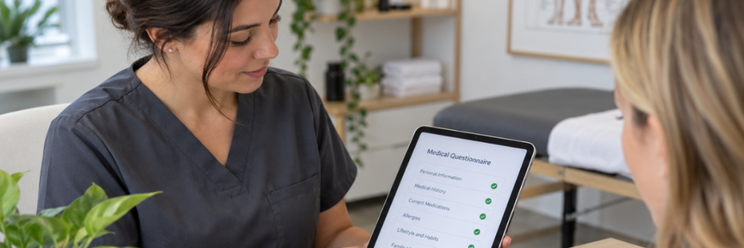 Alt text: Aesthetic practitioner reviewing a client’s medical questionnaire and treatment plan before discussing payment