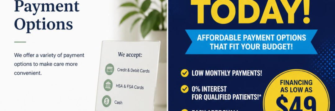 Alt text: Comparison of compliant and non-compliant clinic advertising for patient payment options.