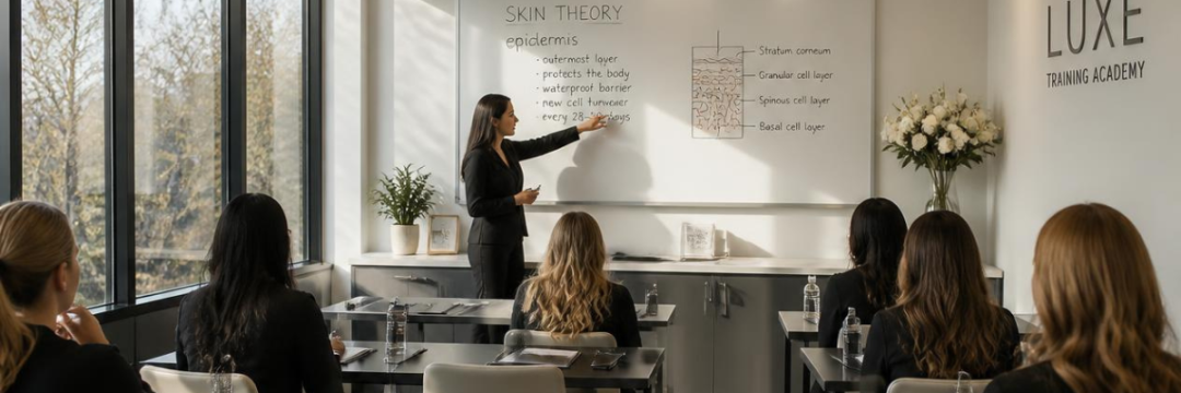 Alt text: "Training academy classroom with several empty seats on a course start date."