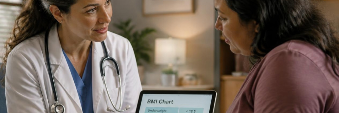 Practitioner discussing about BMI chart to a patient.
