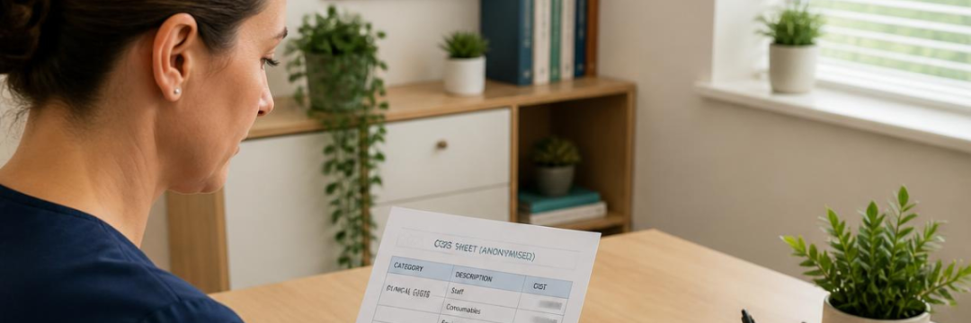 Alt text: Aesthetic practitioner checking clinic costs before introducing instalment payments.