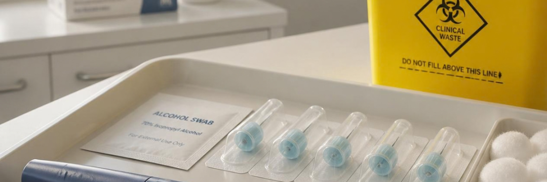 Mounjaro pre-filled pen supplied with free needles and a sharps bin for safe disposal
