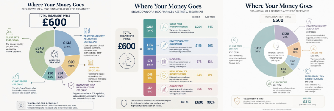 Alt text: Visual breakdown of a financed aesthetic treatment showing treatment price of £600, with sections showing client cost, clinic costs, lender fees, and remaining clinic profit.