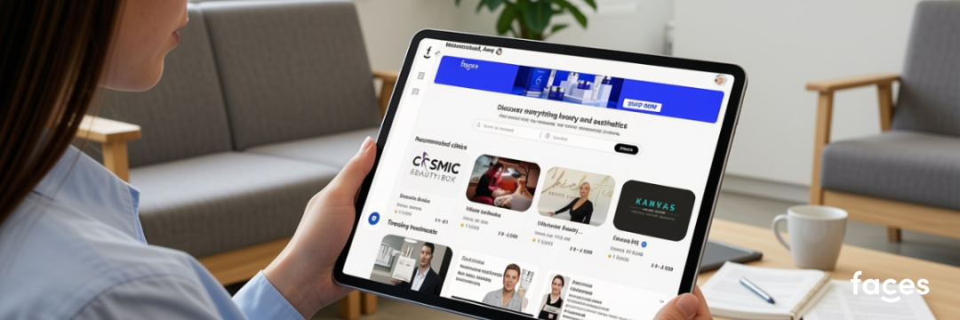 Searching for a nearby aesthetic clinic on a tablet through Faces.
