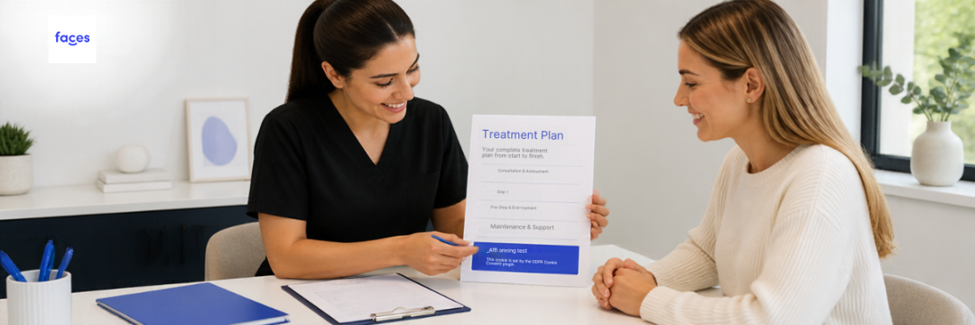 Alt text: Aesthetic practitioner showing a client the full cost of a treatment course during a consultation