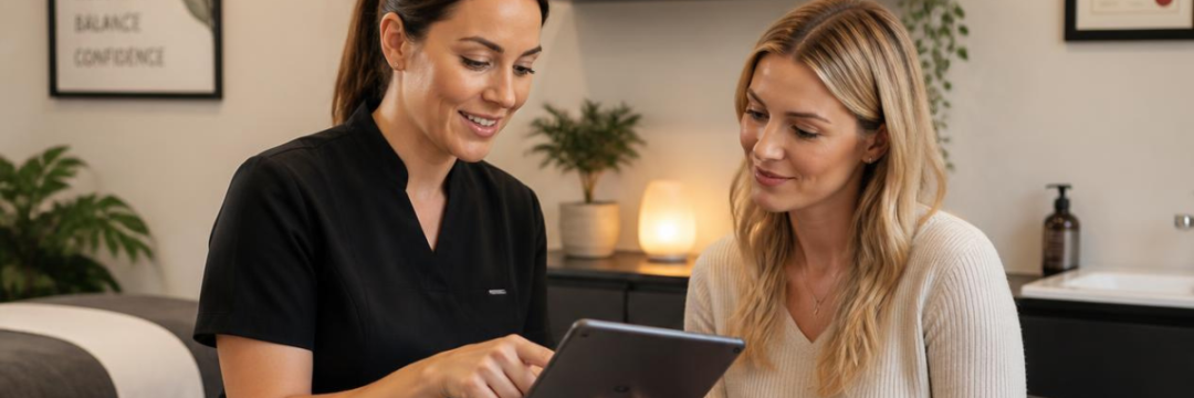 Where Your Clients Actually Find Finance on Faces 1 Alt text: "Aesthetic practitioner showing a client finance options on a tablet during a consultation."