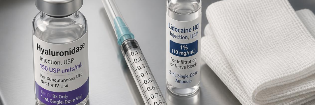 Hyaluronidase, lidocaine and syringes laid out on a sterile tray for emergency use