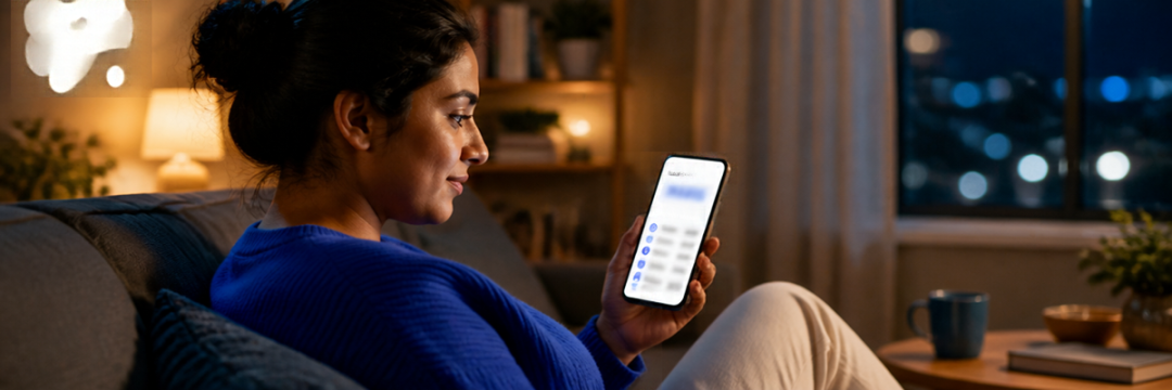 Alt text: Client reviewing treatment finance documents on her phone at home before deciding how to pay