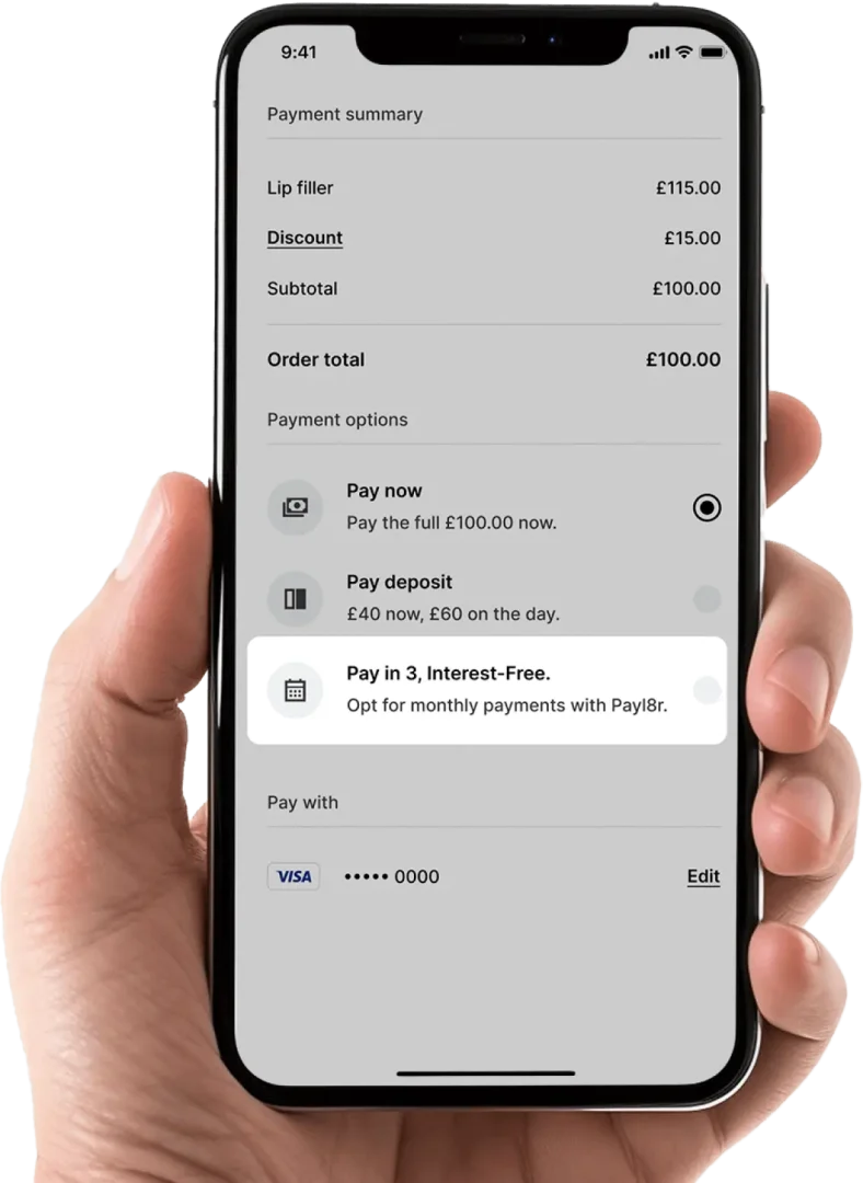 Alt text: Faces booking page showing buy now pay later payment option for an aesthetic treatment.