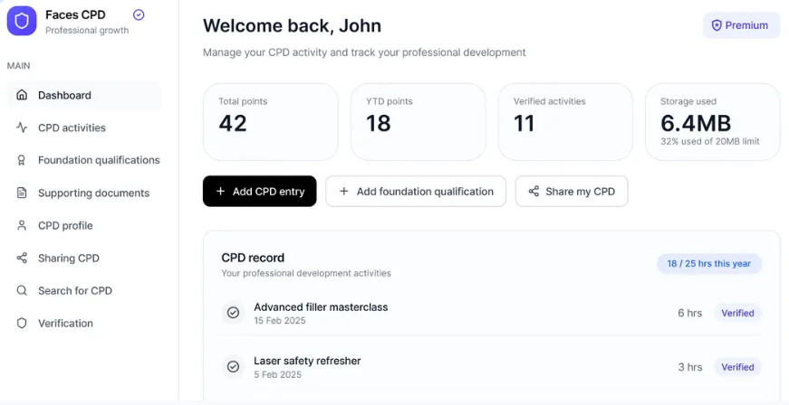 CPD Passport dashboard showing logged CPD activities and share link for an aesthetic practitioner.